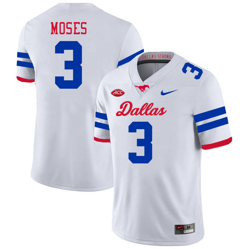 SMU Mustangs #3 Ahmaad Moses Jersey College Football Uniforms-Dallas White